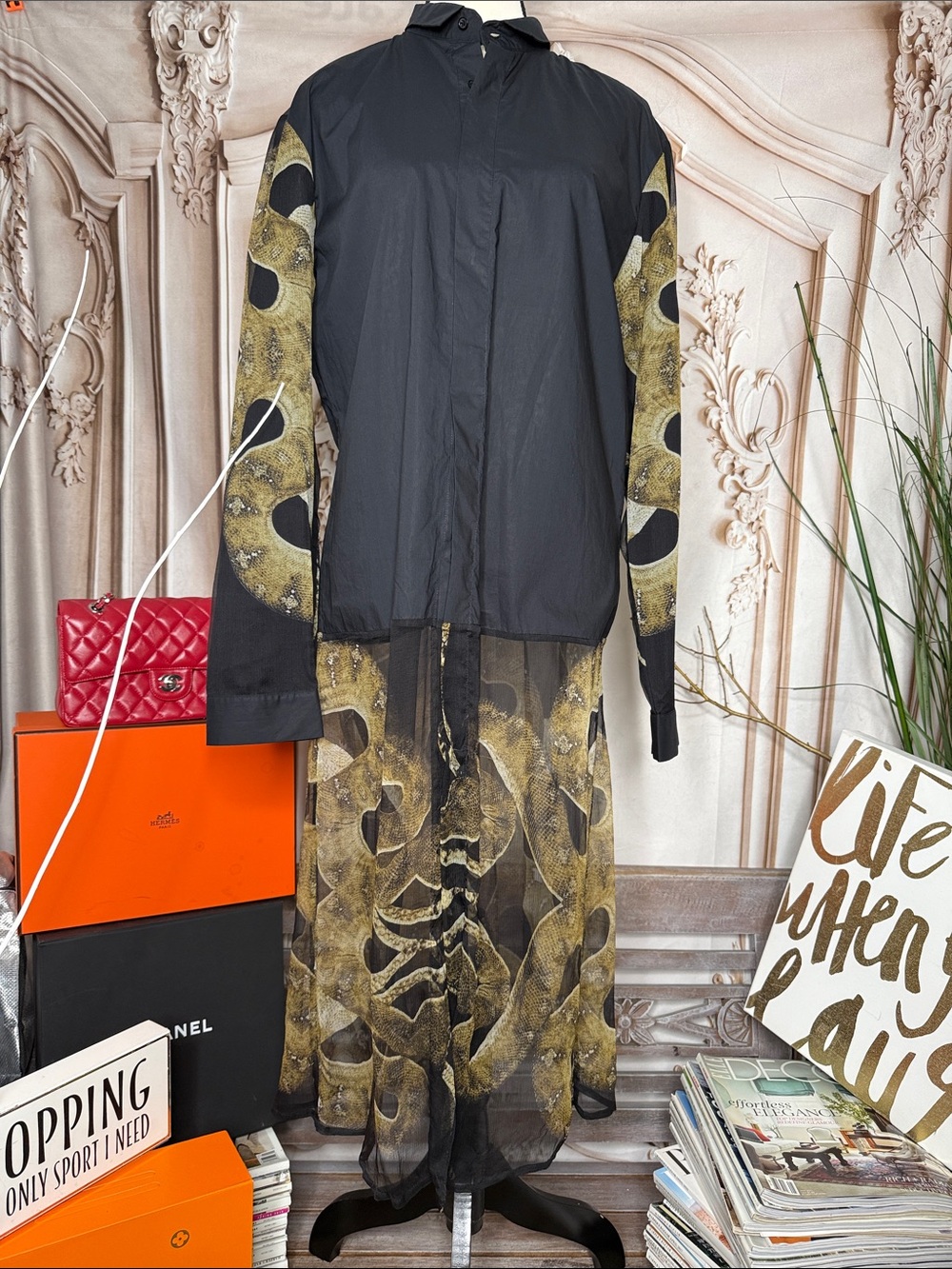 UNCONDITIONAL -Black Shirt Dress with Olive Sheer Abstract print